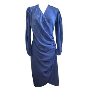 𝅺vintage 1980 blue shimmery long puff sleeved midi wrap dress sz m